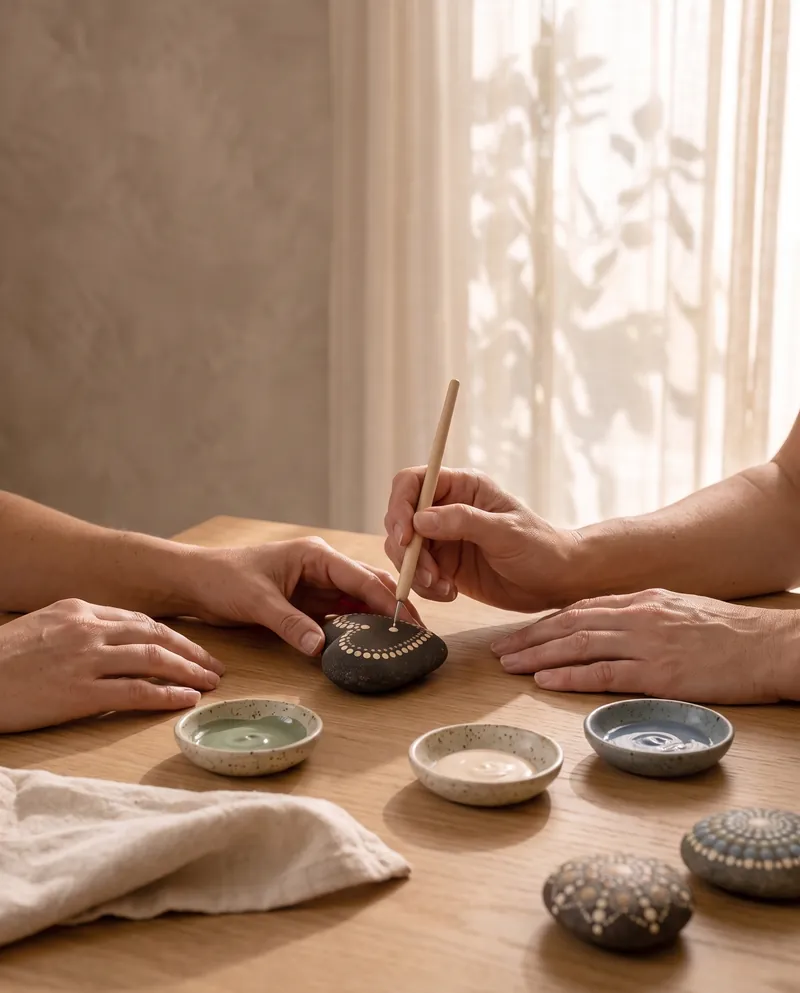 Handen zetten met een dotting-stick stippen op een steen, met schaaltjes verf op tafel