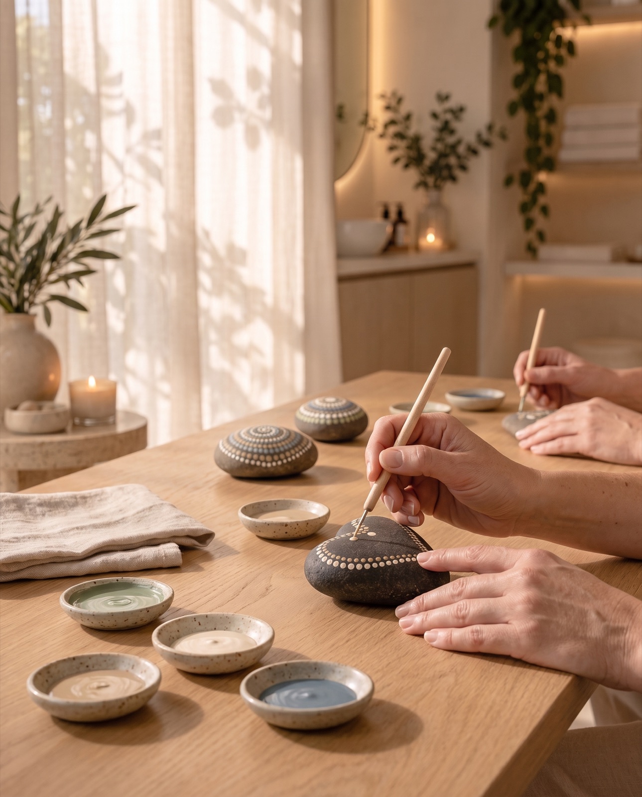 Handen die met een dotting-stick stippen op stenen zetten, met verf in schaaltjes op een houten tafel